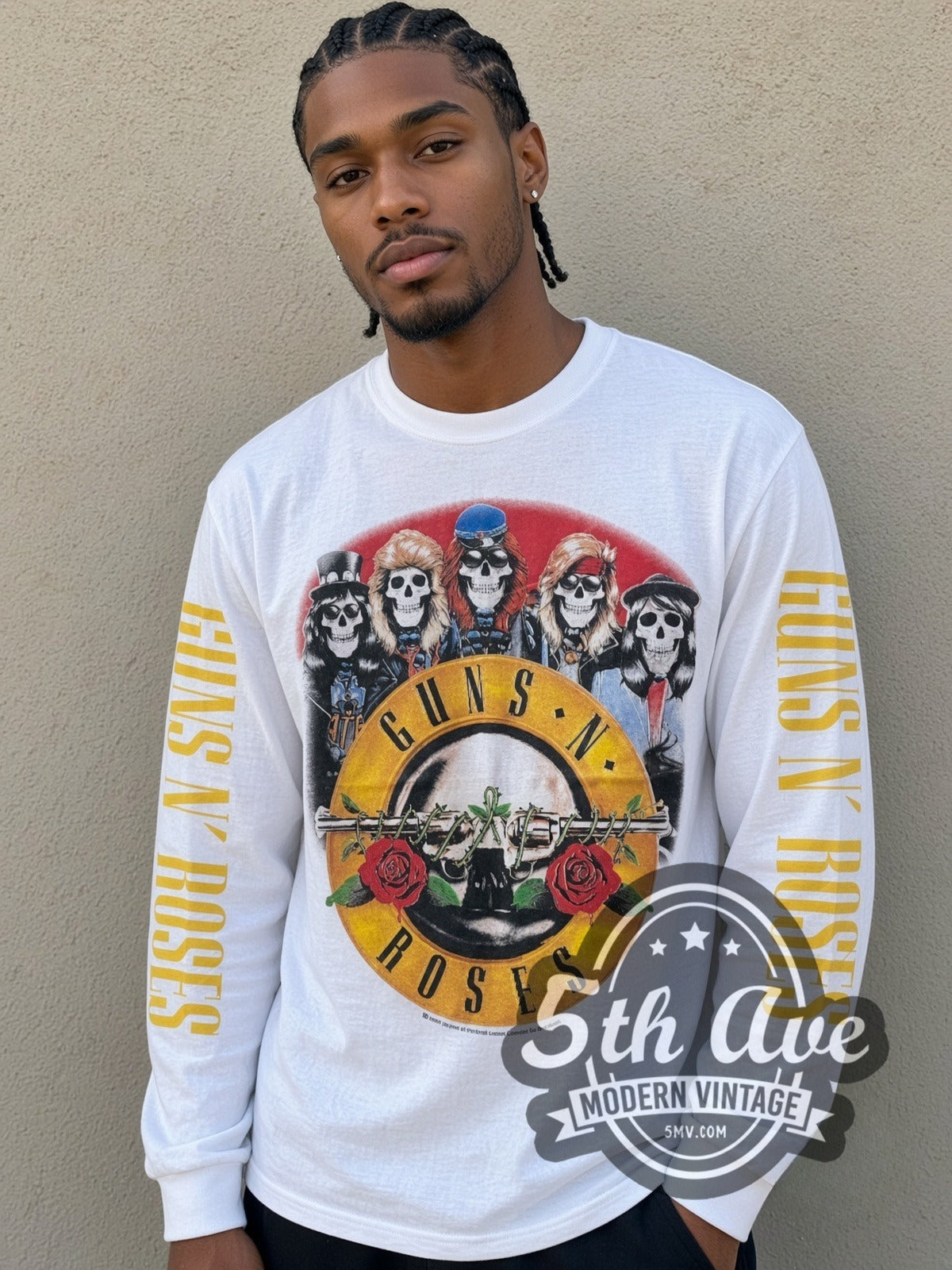Model wearing the Guns N' Roses Skeleton Band vintage band long sleeve t-shirt