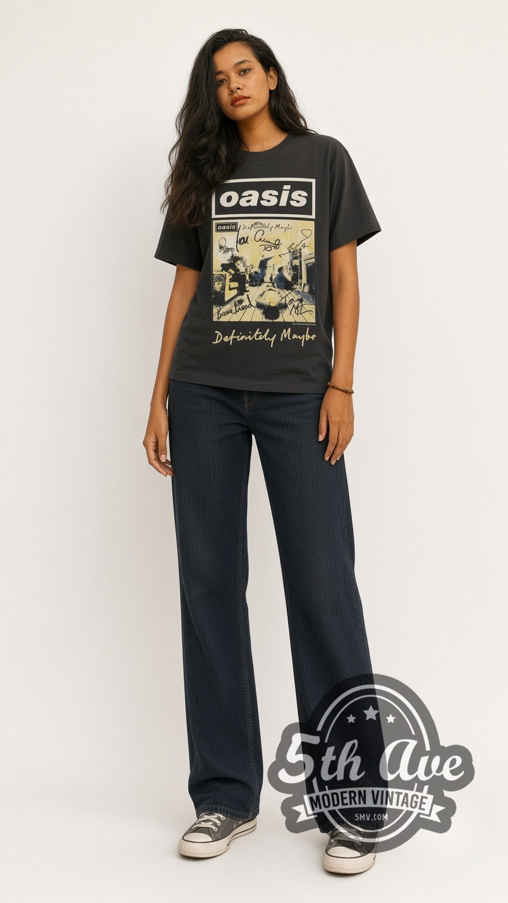 Model wearing the Oasis Definitely Maybe vintage band t-shirt in black