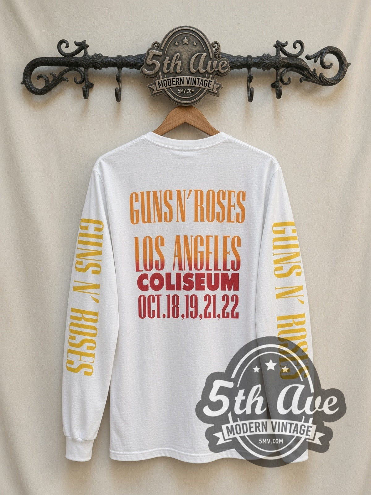 Guns N' Roses Skeleton Band vintage band long sleeve t-shirt, back view on a display rack
