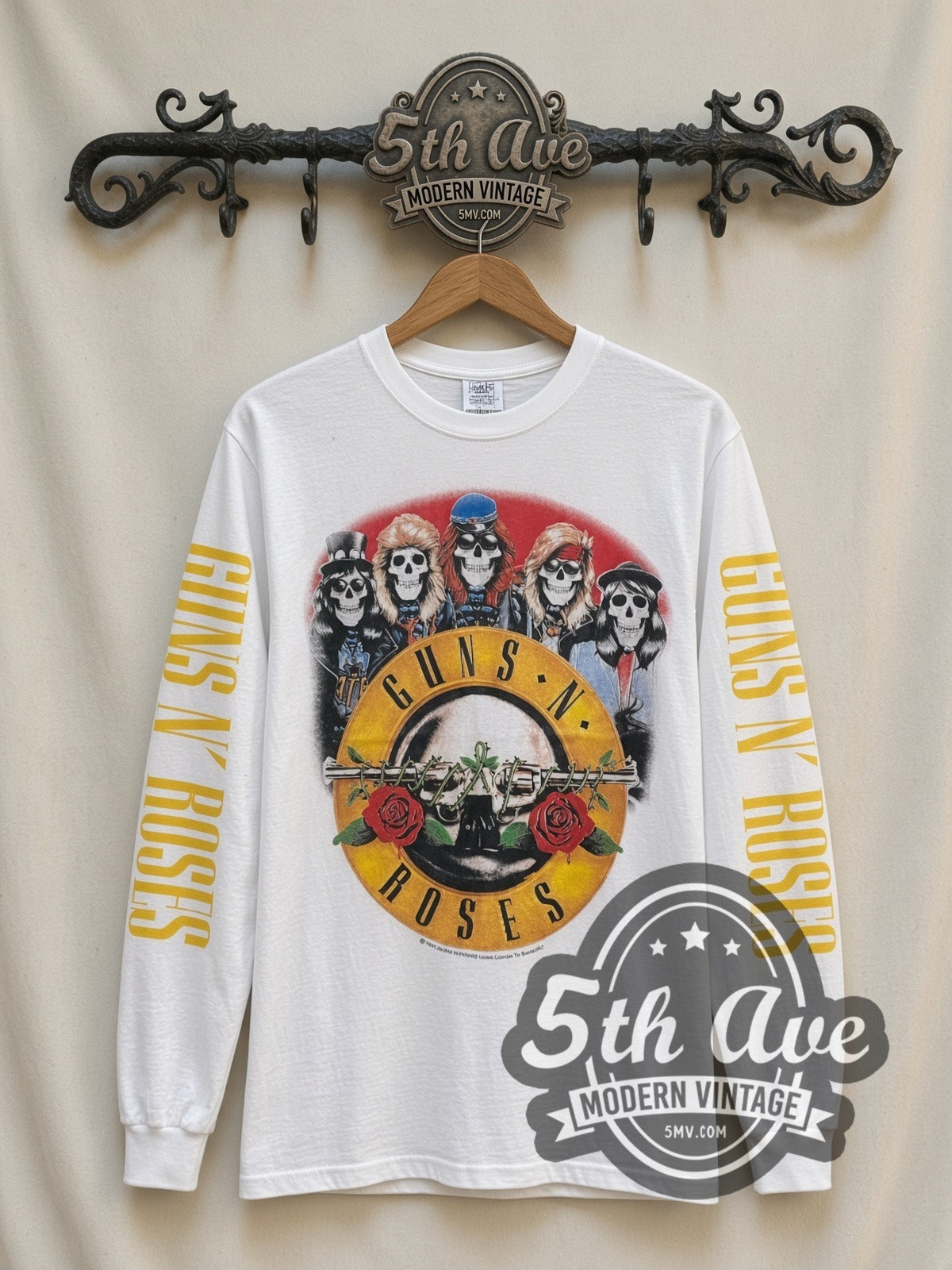 Guns N' Roses Skeleton Band vintage band long sleeve t-shirt, front view on a display rack
