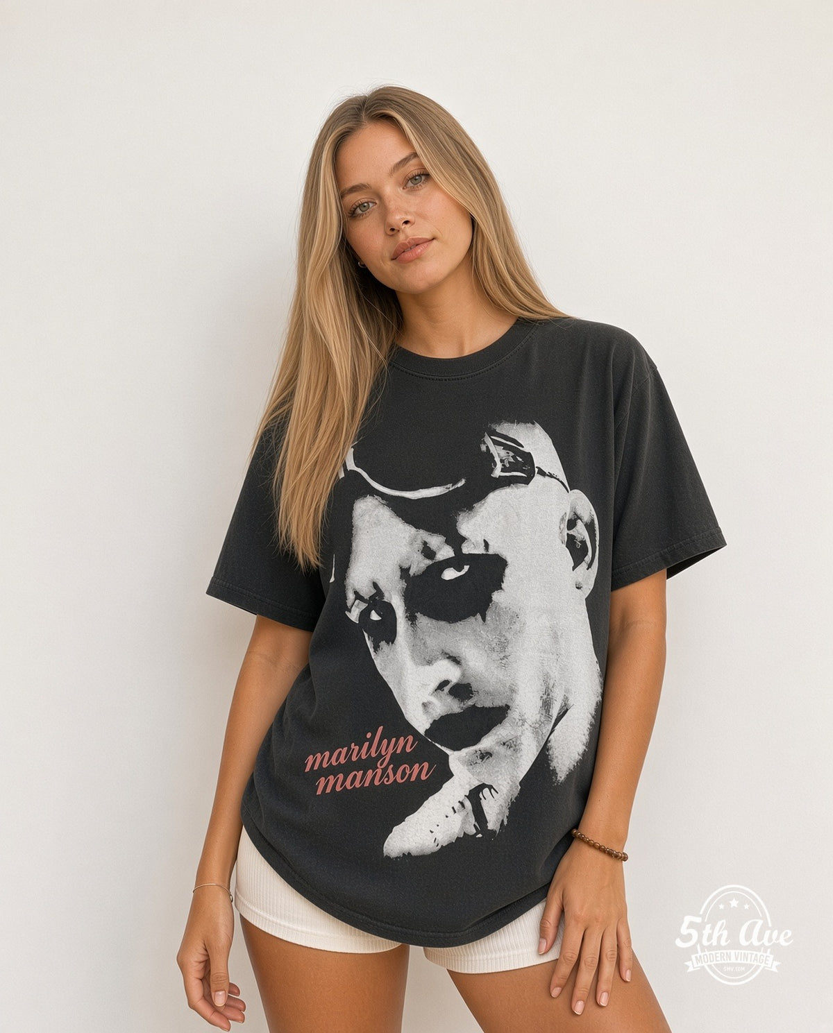 Model wearing the Marilyn Manson The Beautiful People vintage band t-shirt in black