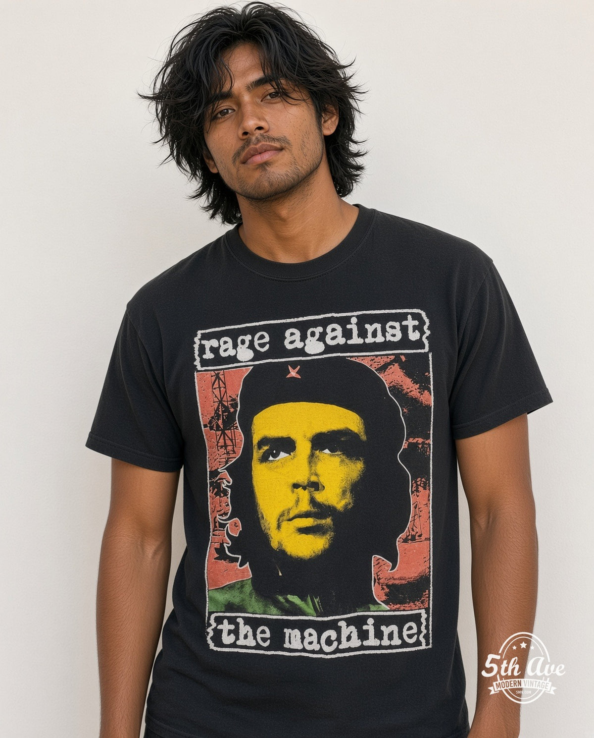 Model wearing the Rage Against the Machine Bombtrack vintage band t-shirt in black