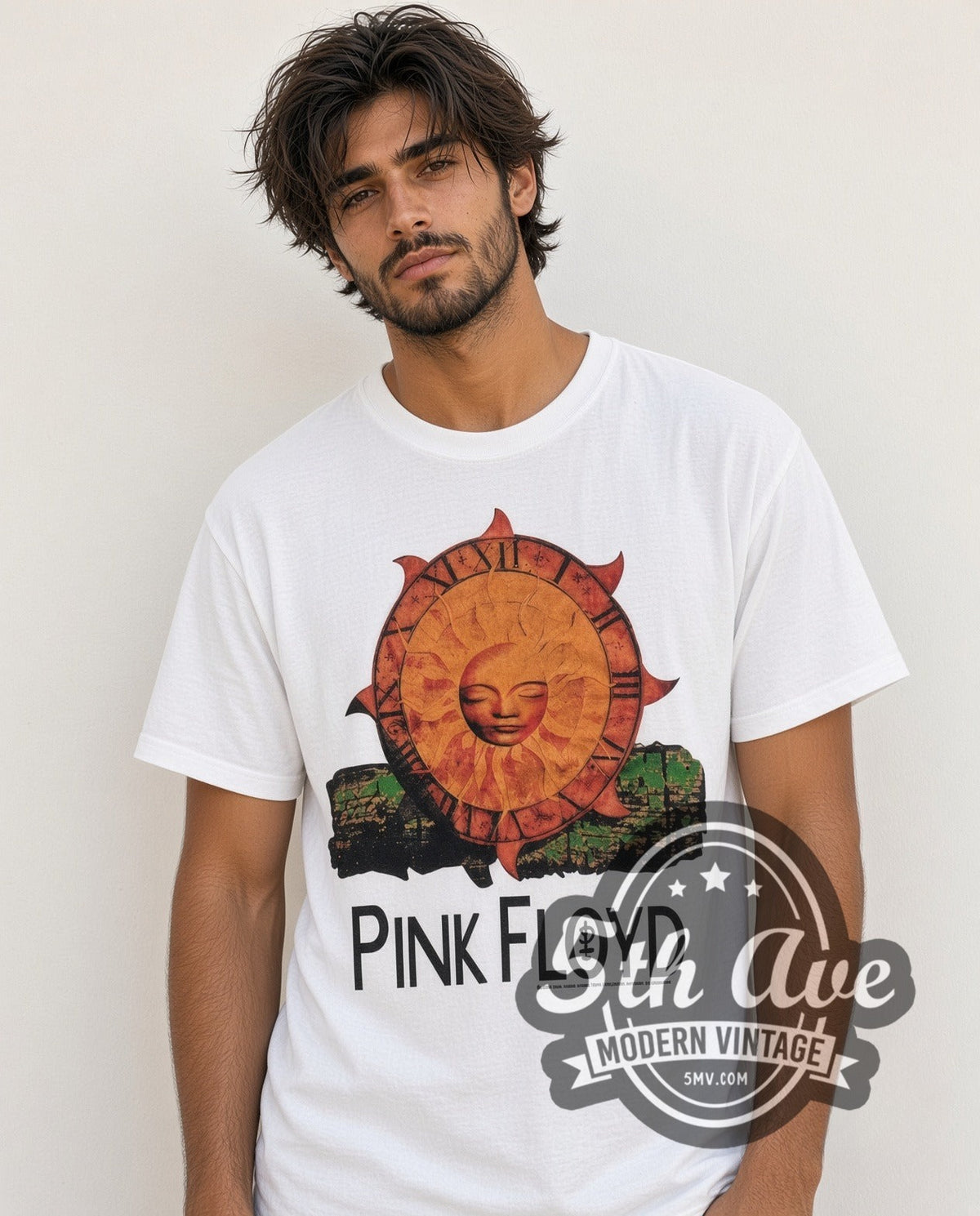 Model wearing the Pink Floyd Sun vintage band t-shirt in white
