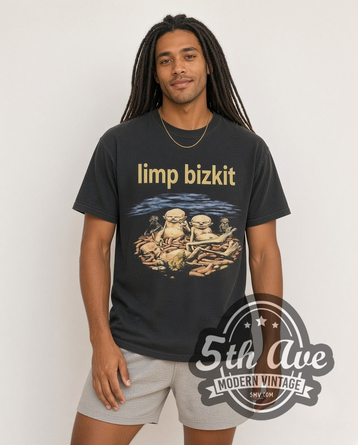 Model wearing the Limp Bizkit Anger Management Hot Dogs Europe Dates vintage band t-shirt in black