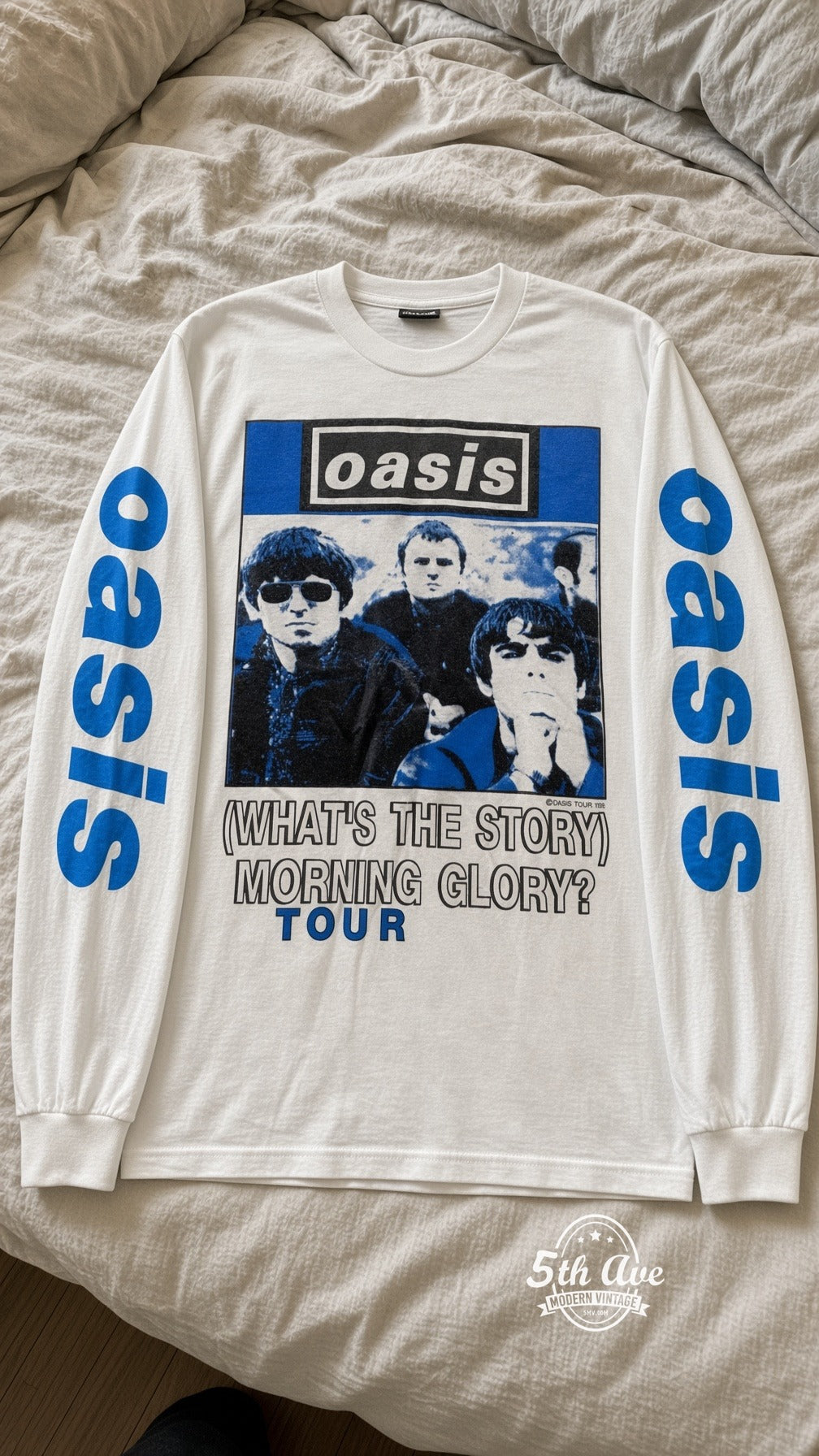 ETS LS 82 Oasis Morning Glory Tour long sleeve vintage tee laid on a bed