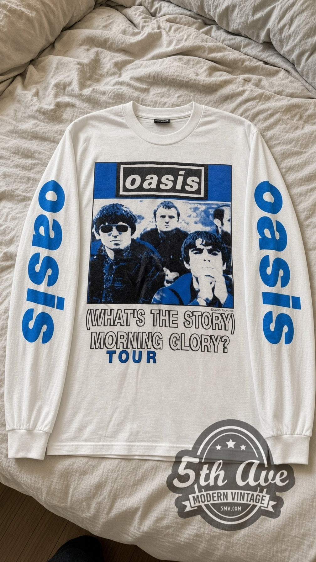 Oasis Morning Glory Tour vintage band long sleeve tee in white laid flat