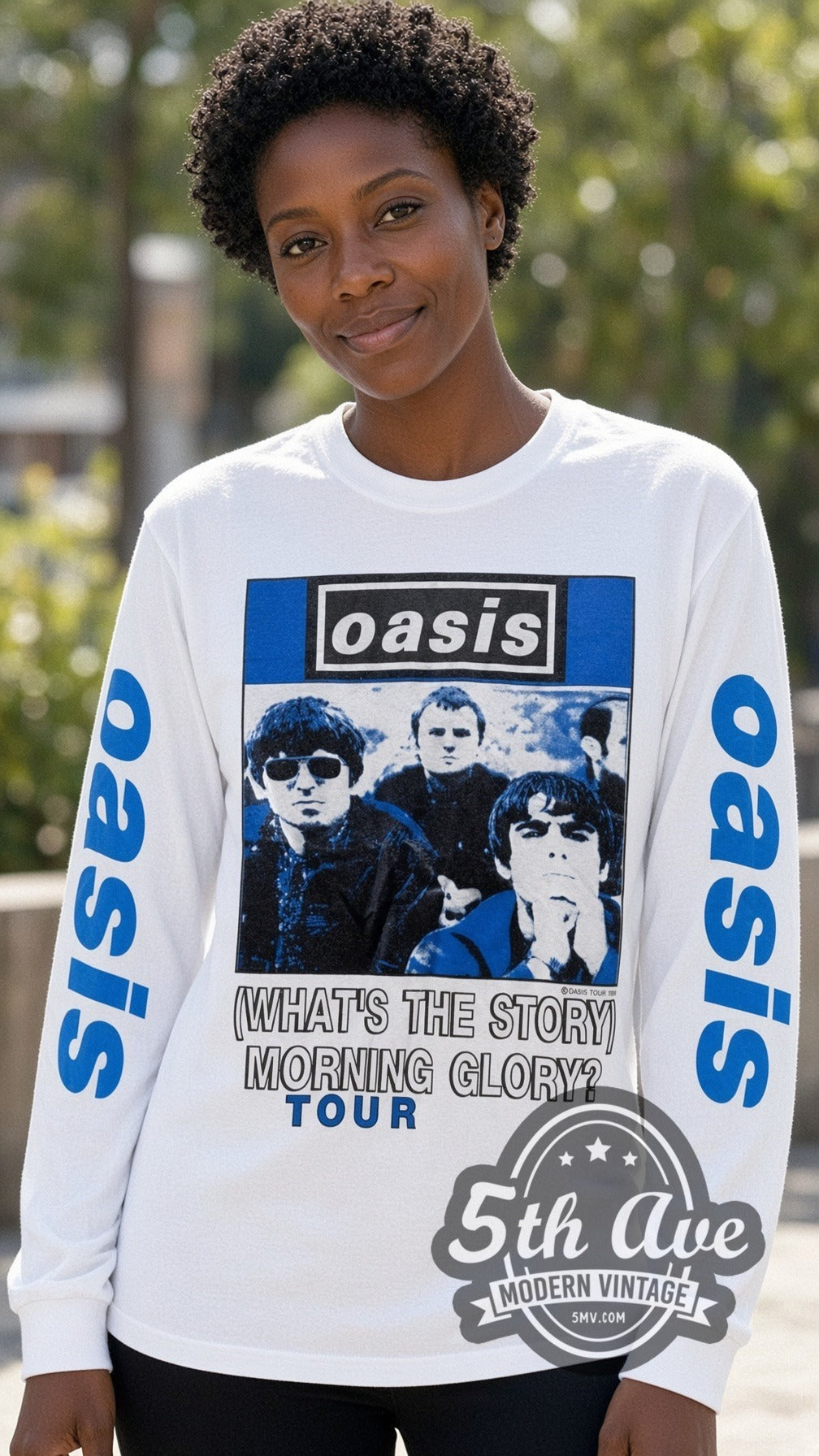 Model wearing the Oasis Morning Glory Tour vintage band long sleeve t-shirt in white