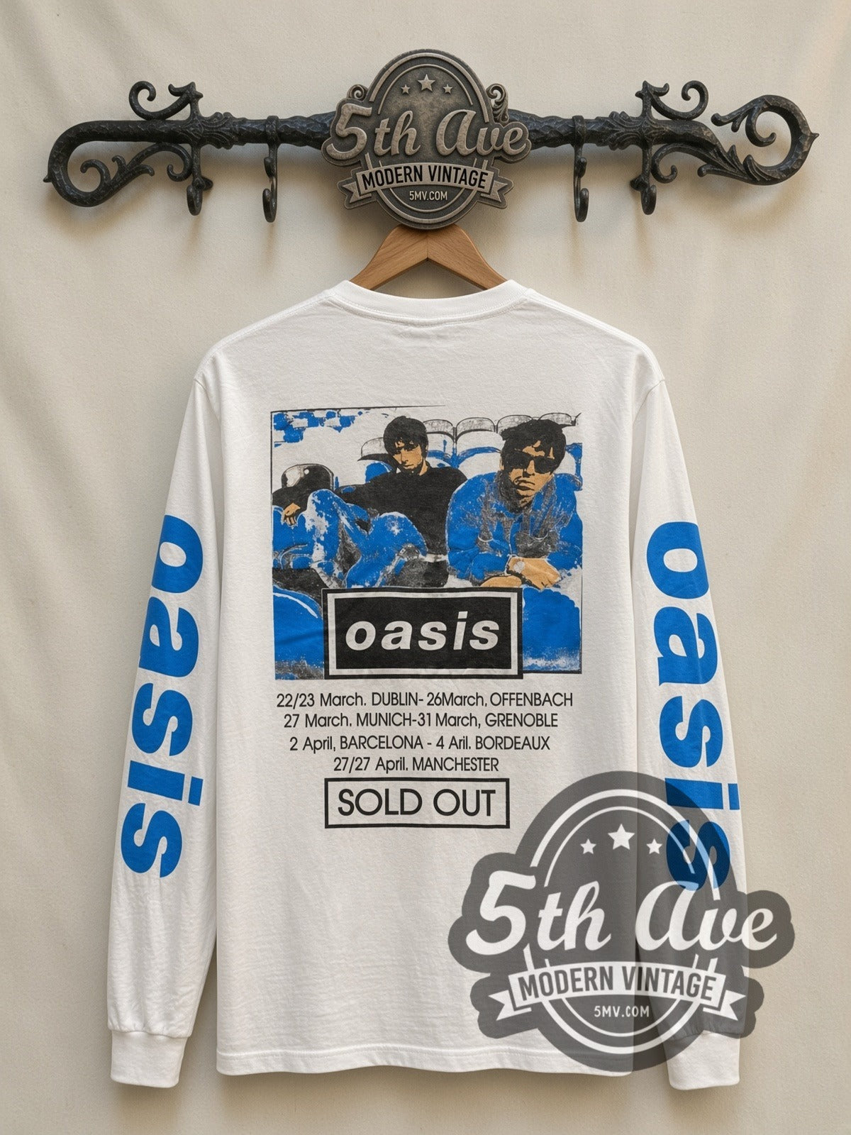 Oasis Morning Glory Tour vintage band long sleeve t-shirt in white, back view on a display rack