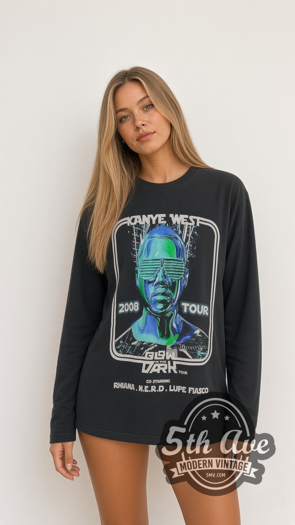 Model wearing the Kanye West Glow in the Dark Tour 2008 vintage band long sleeve t-shirt