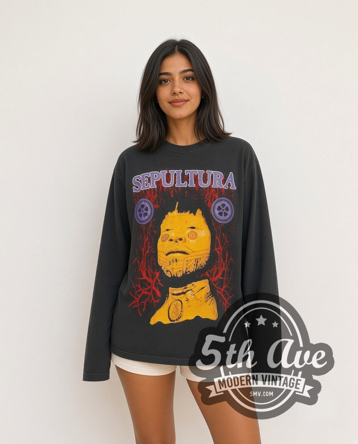 Model wearing the Sepultura Roots - vintage band long sleeve t-shirt in black
