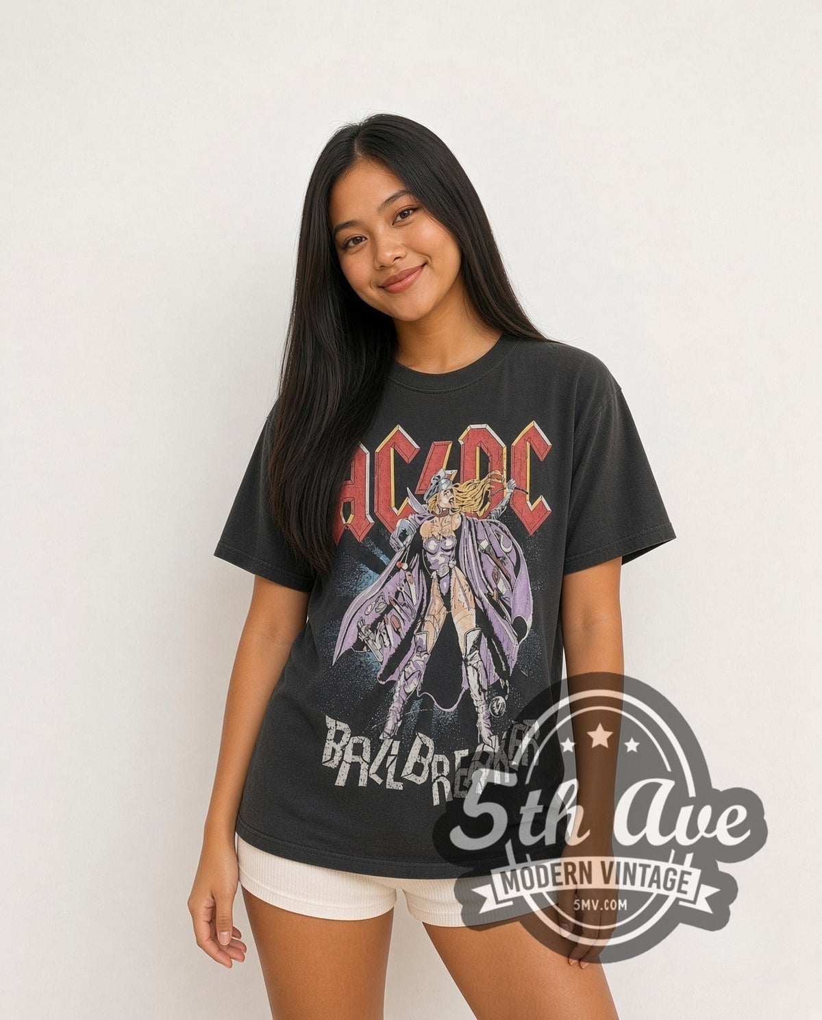 Model wearing the AC/DC Ballbreaker' World Tour 1996 vintage band t-shirt in black