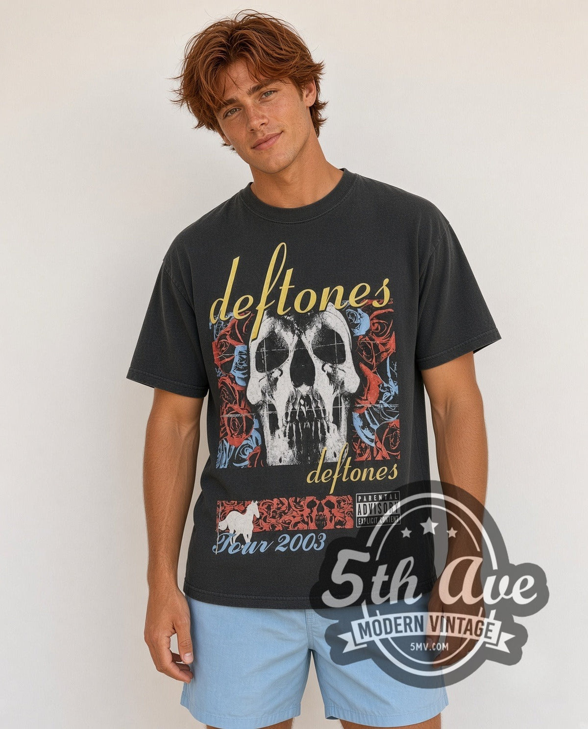 Model wearing the Deftones Tour 2003 vintage band t-shirt in black