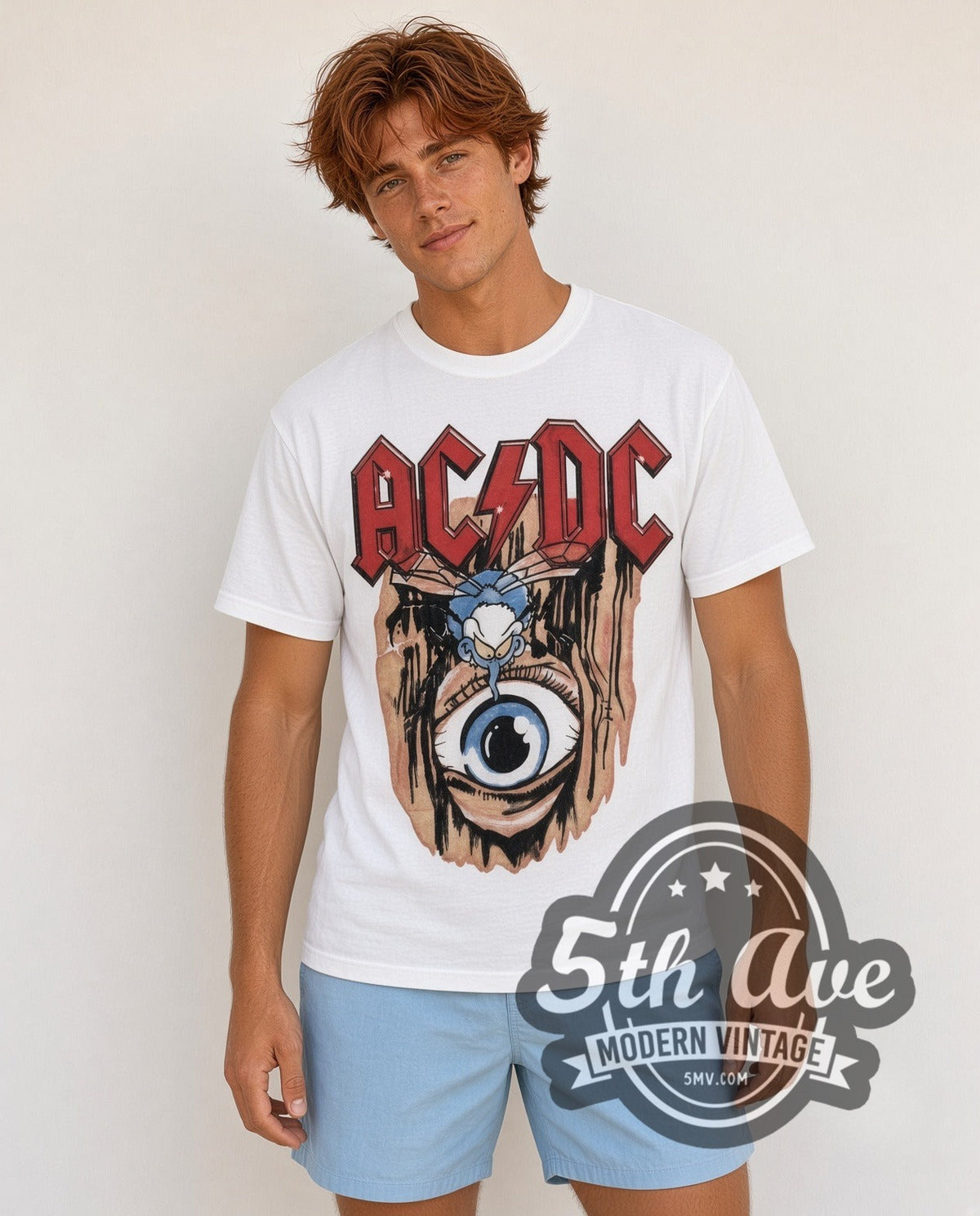 Model wearing the AC/DC Stitched Eye vintage band t-shirt