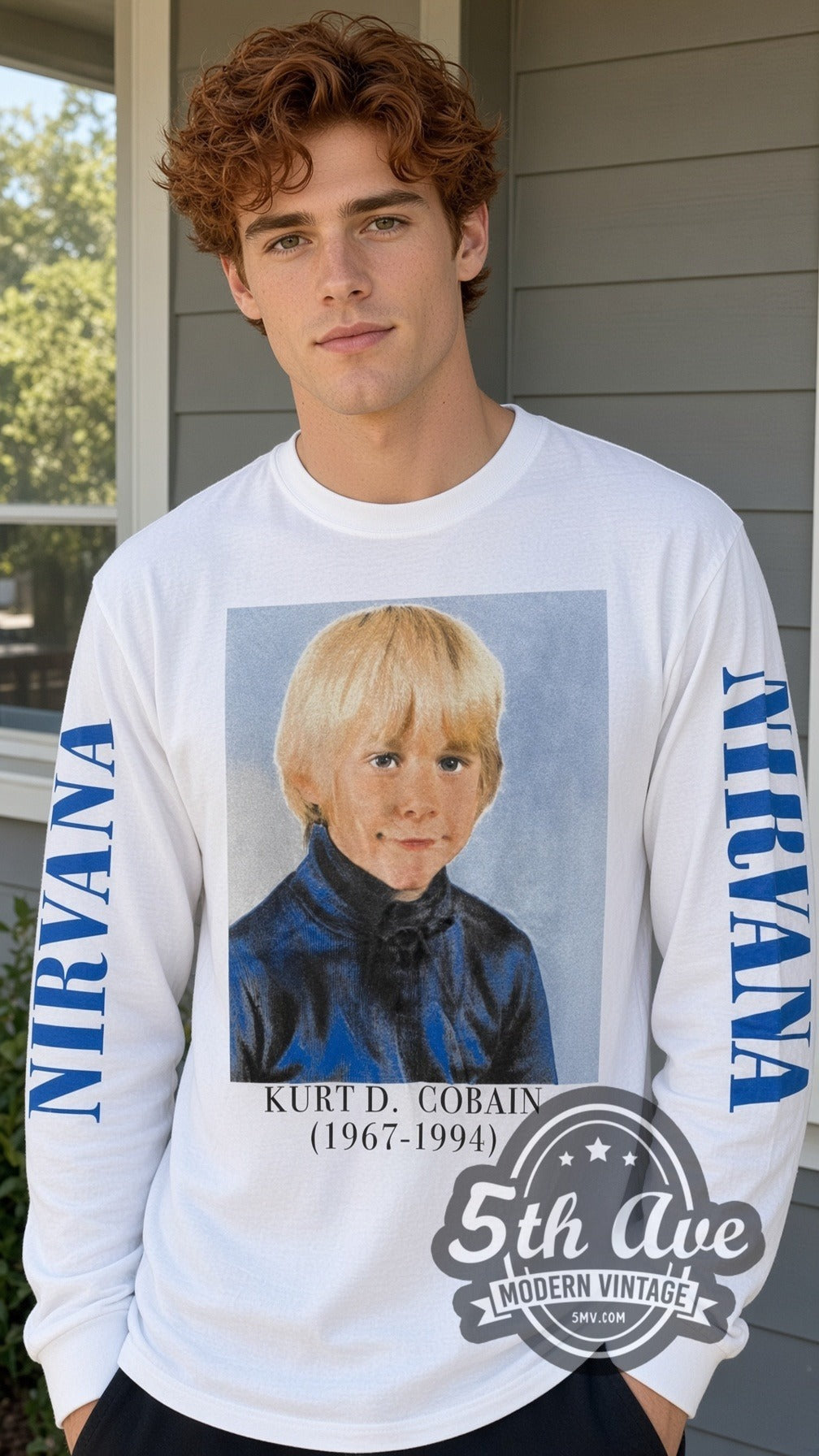 Model wearing the Nirvana Young Kurt Cobain vintage band long sleeve t-shirt