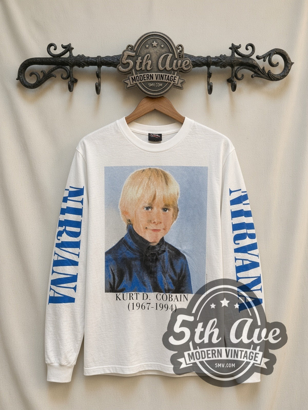 Nirvana Young Kurt Cobain vintage band long sleeve t-shirt, front view on a display rack