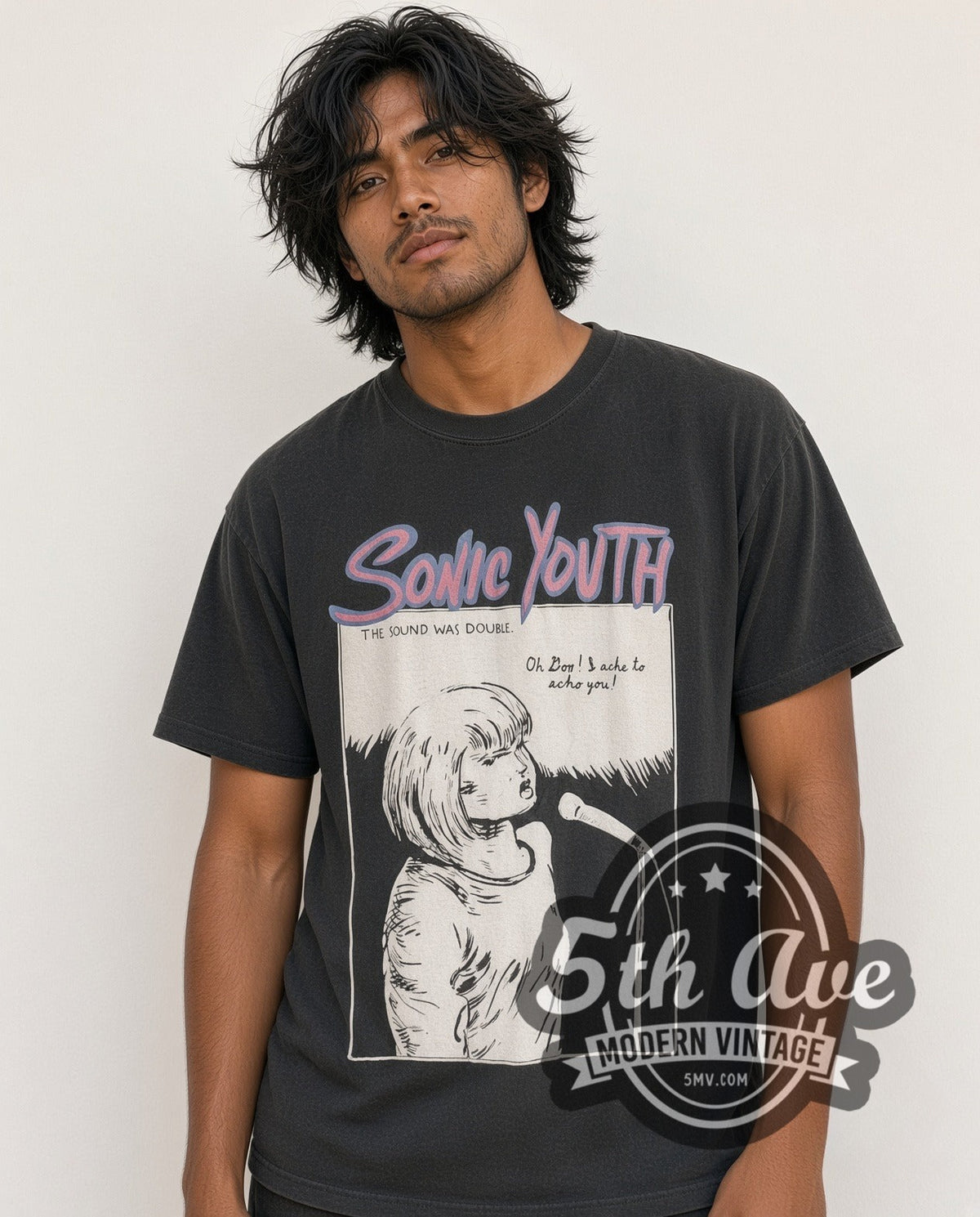 Model wearing the Sonic Youth The Goo I Left Behind vintage band t-shirt in black