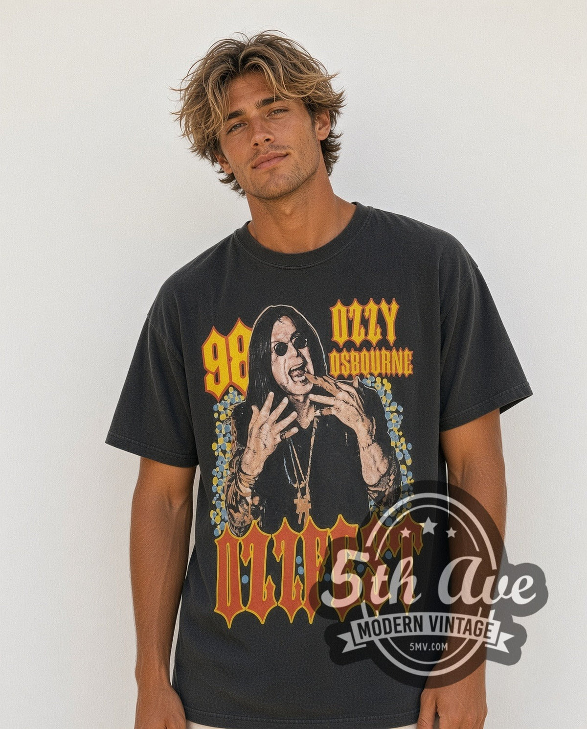 Model wearing the Ozzy Osbourne Ozzfest Tour 1998 vintage band t-shirt in black