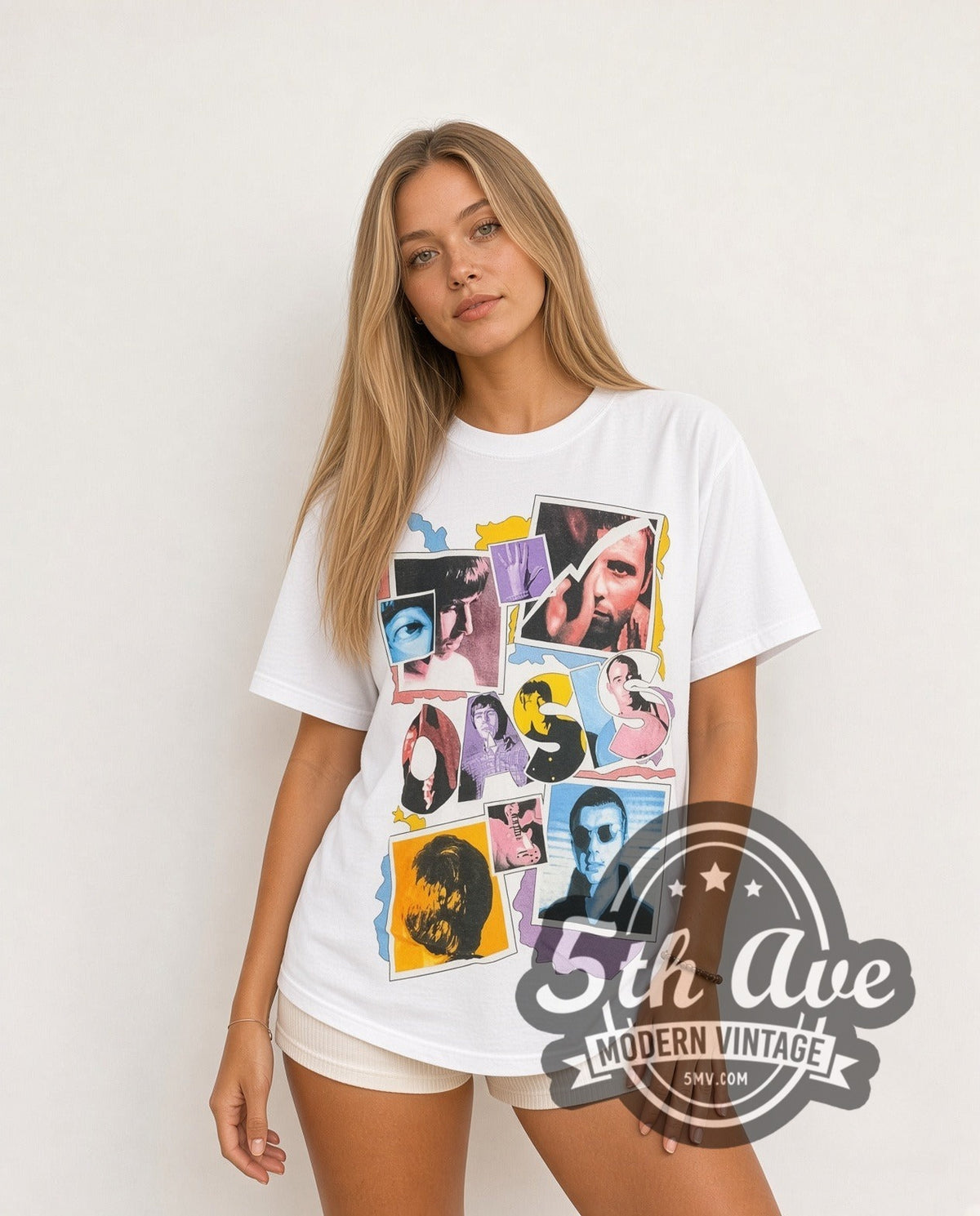 Model wearing the Oasis Polaroid photograph vintage band t-shirt in white