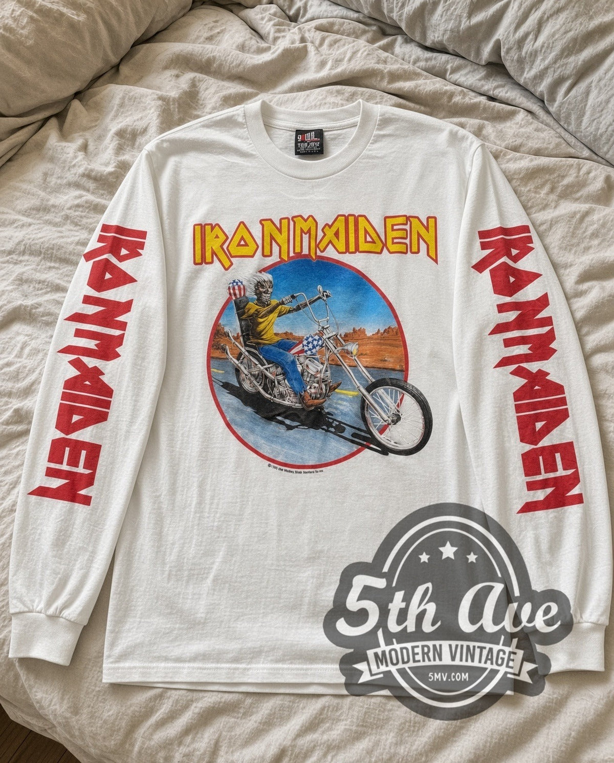 Iron Maiden Eddie Motorcycle vintage band long sleeve tee in white laid flat