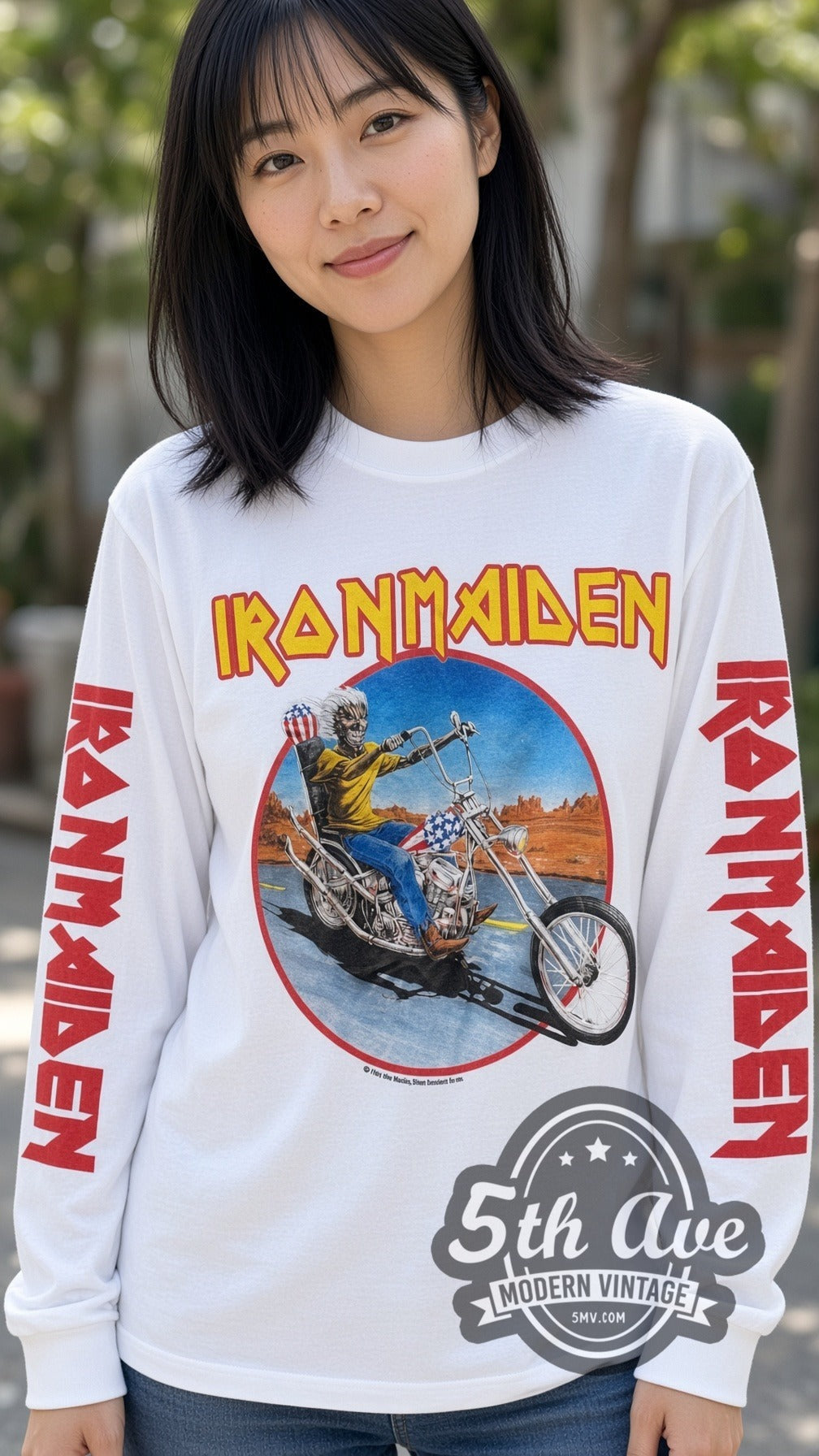 Model wearing the Iron Maiden Eddie Motorcycle vintage band long sleeve t-shirt in white