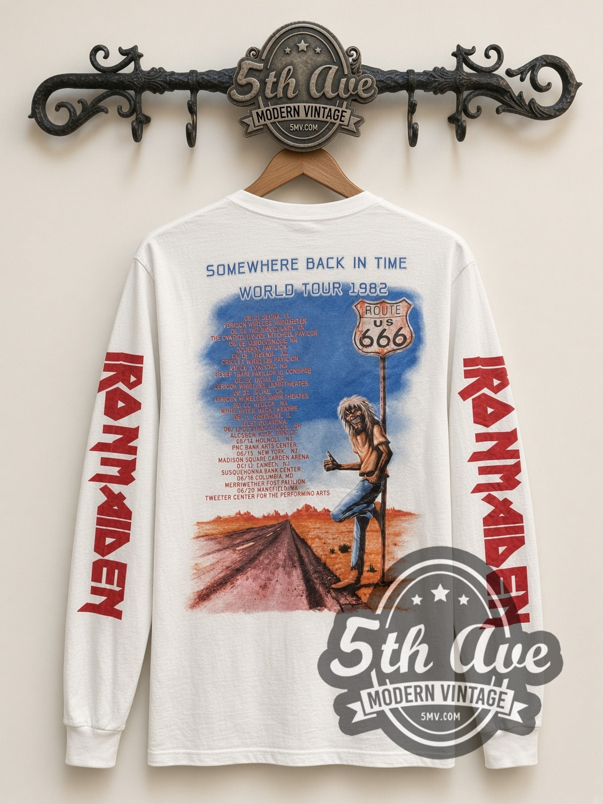 Iron Maiden Eddie Motorcycle vintage band long sleeve t-shirt in white, back view on a display rack