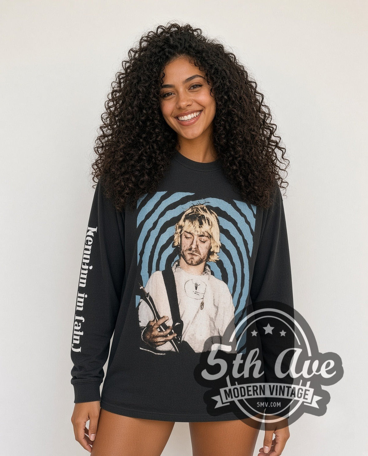 Model wearing the Nirvana Downward Spiral vintage band long sleeve t-shirt
