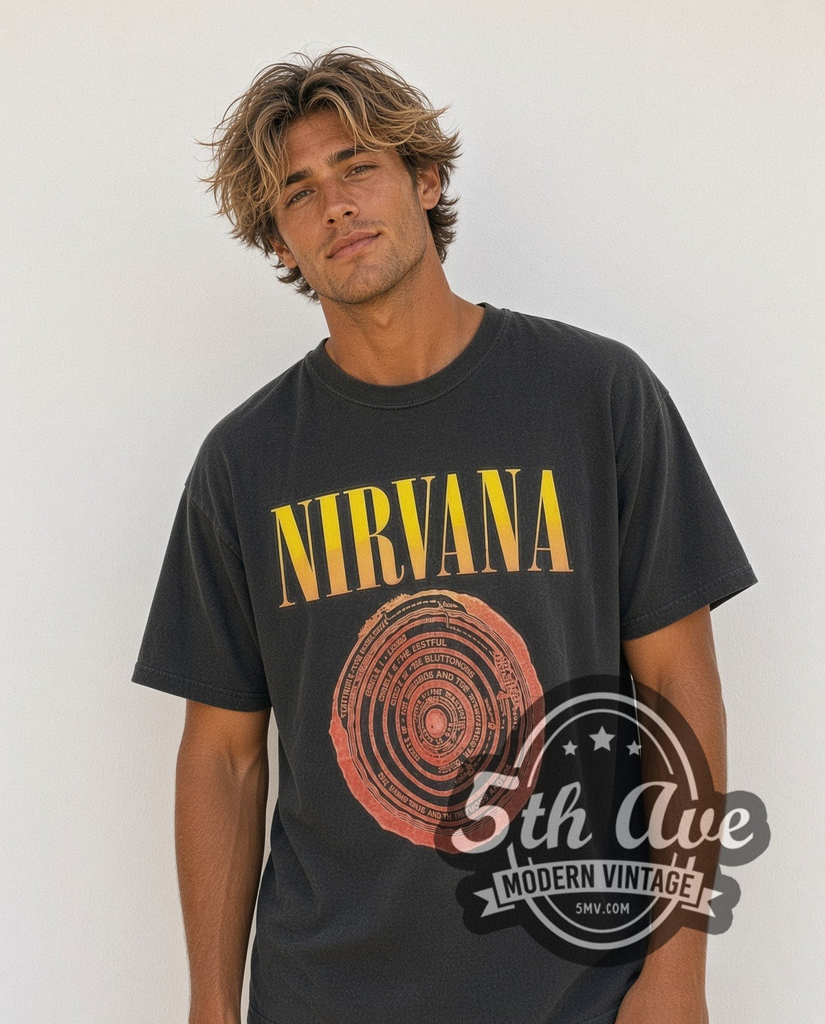 Model wearing the Nirvana Circles of Hell Dante's Inferno vintage band t-shirt in black