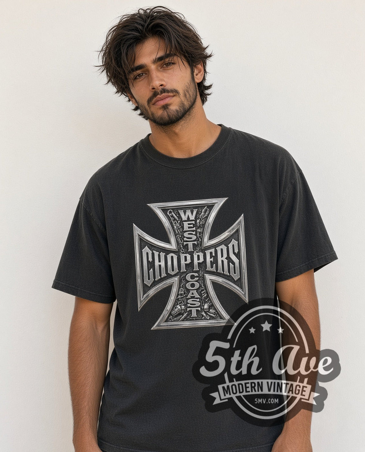Model wearing the West Coast Choppers Long Beach Orange Chopper Iron Cross vintage biker tee in black