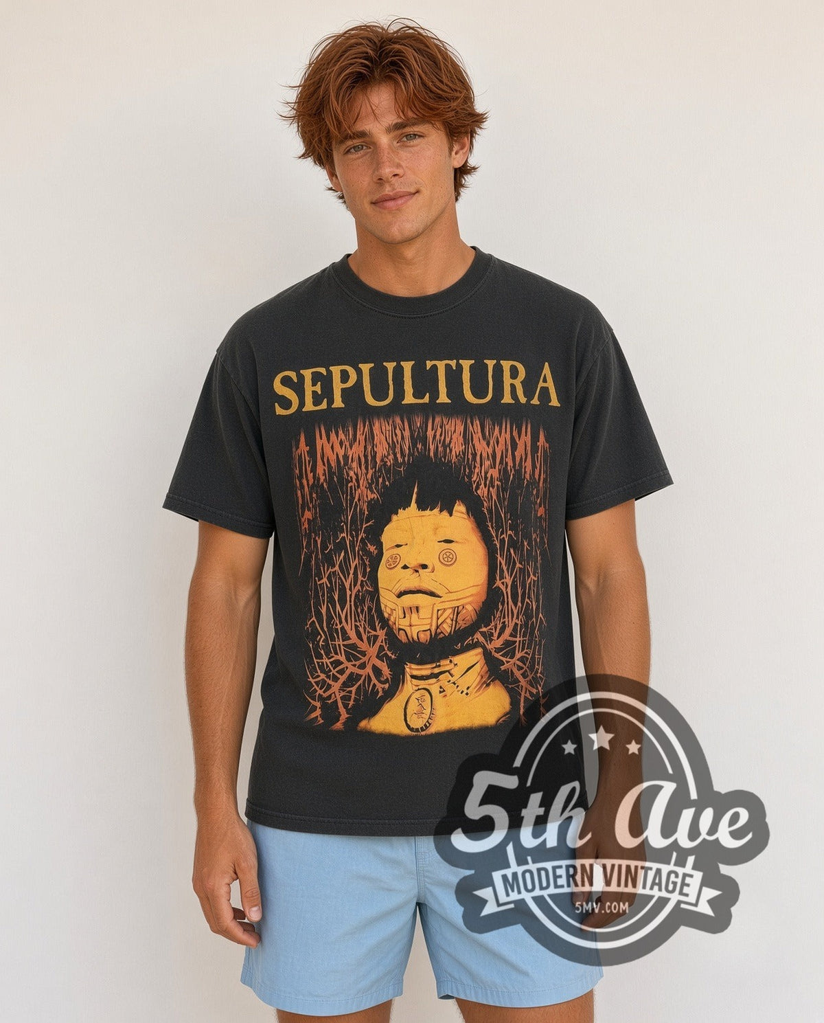 Model wearing the Sepultura Roots vintage band t-shirt