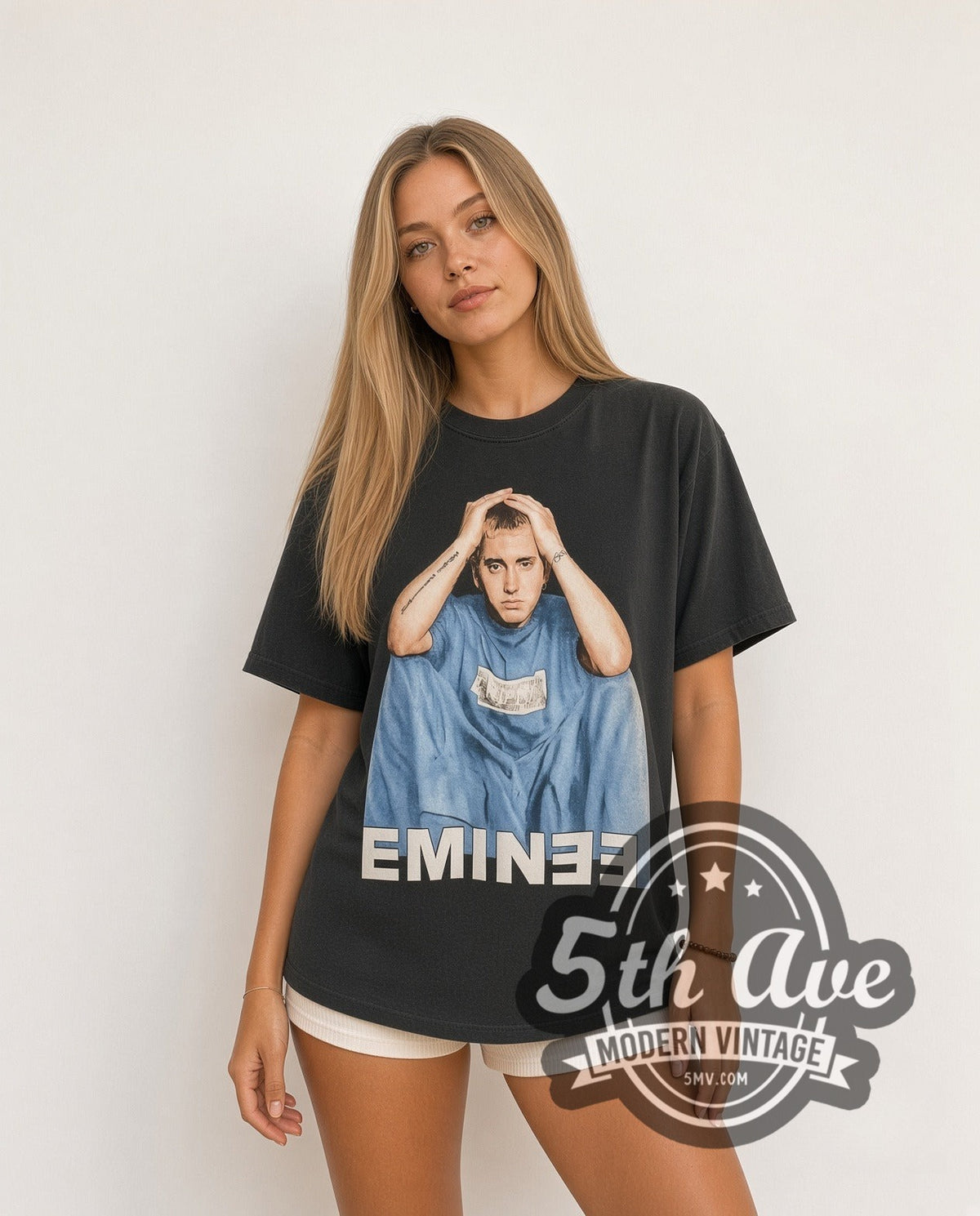 Model wearing the Eminem The Marshall Mathers LP "EMINƎM" vintage rap tee in black