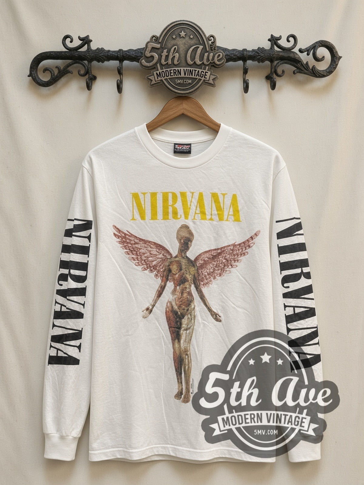 Nirvana In Utero Angel vintage band long sleeve t-shirt in white, front view on the 5MV rack