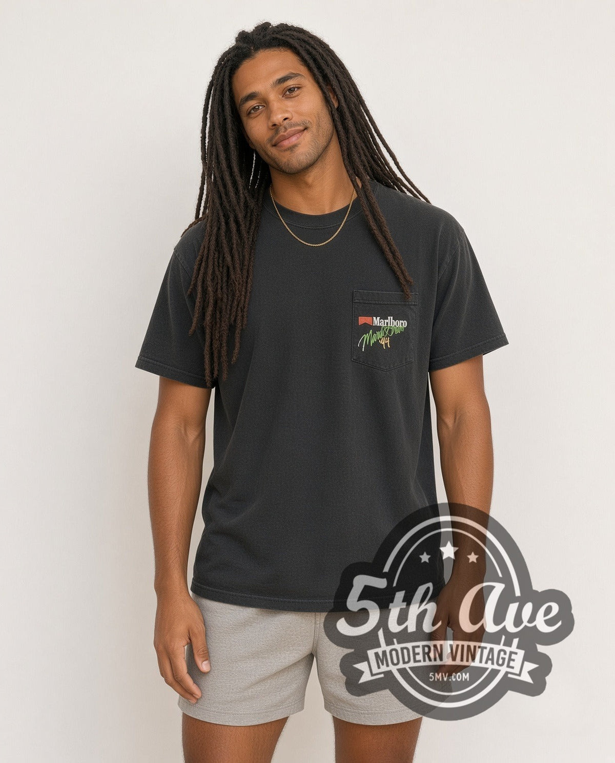 Model wearing the Marlboro Mardi Gras 1994 vintage graphic tee in black