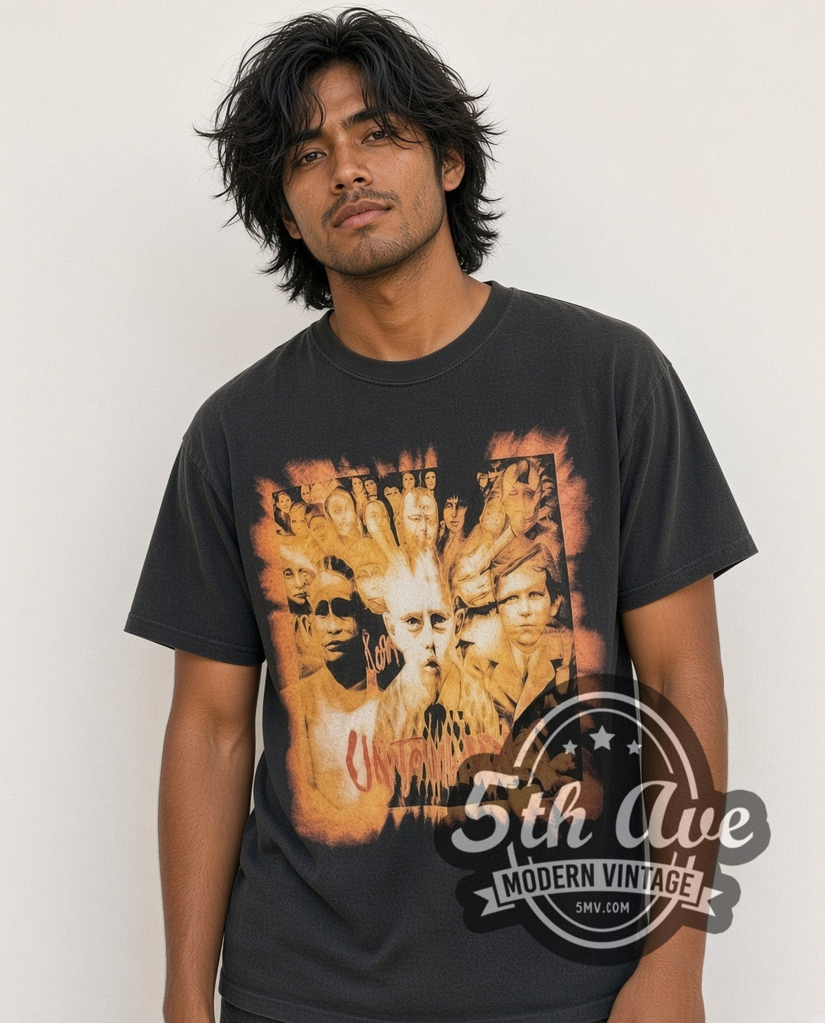 Model wearing the Korn World Tour 2002 vintage band t-shirt in black