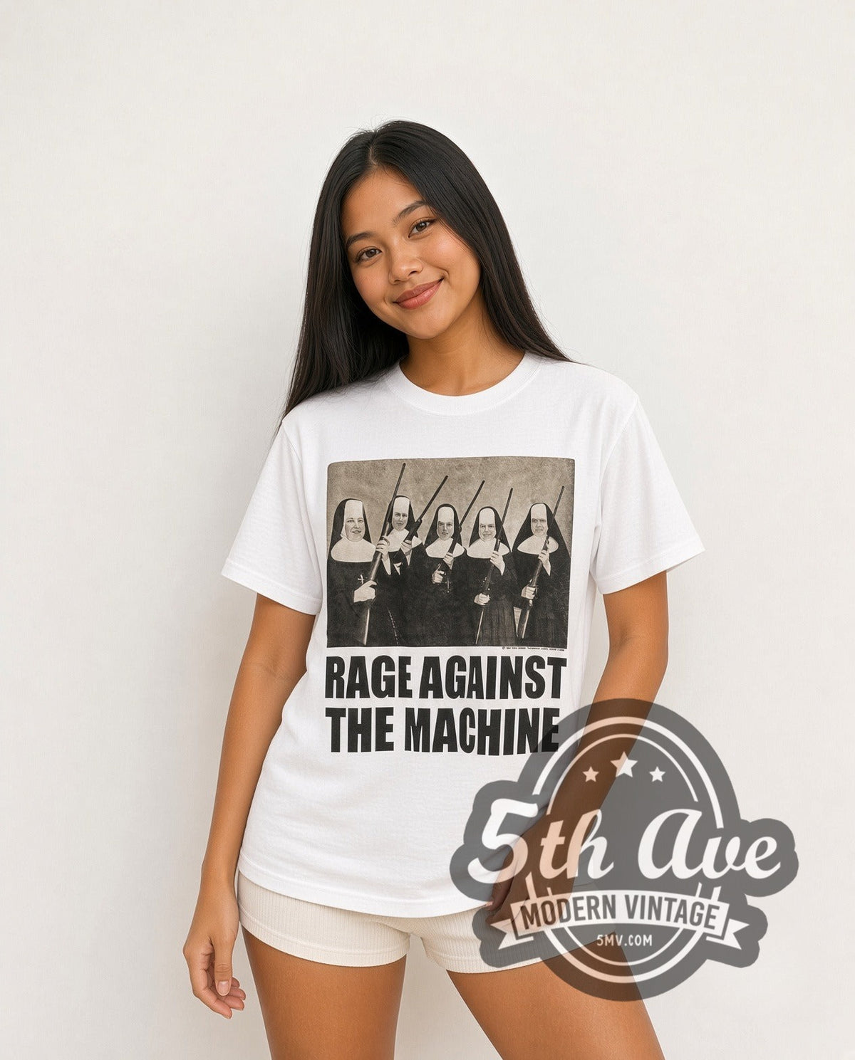 Model wearing the Rage Against the Machine Nuns And Guns vintage band t-shirt in white