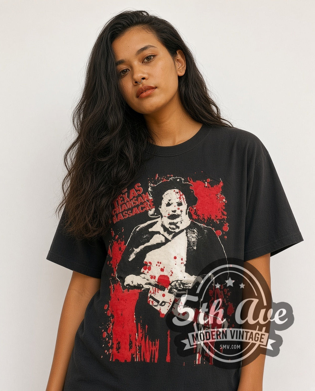 Model wearing the Texas Chainsaw Massacre The Leatherface vintage graphic t-shirt