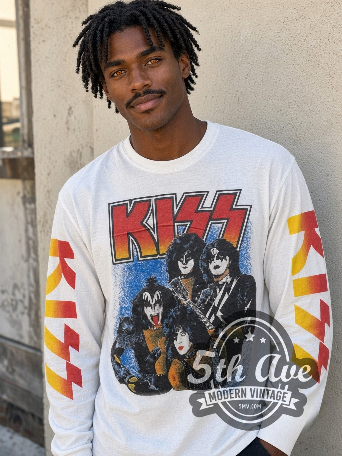 Model wearing the KISS Band Portrait vintage band long sleeve t-shirt