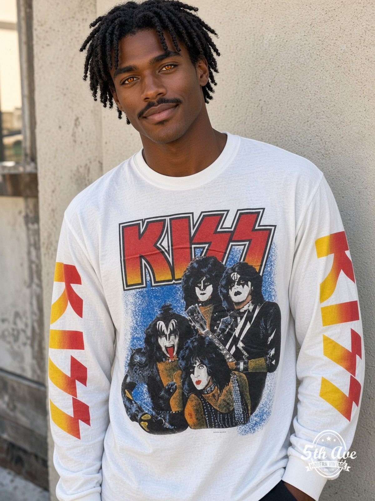 ETS LS 86 KISS Band Portrait long sleeve vintage tee worn by a model