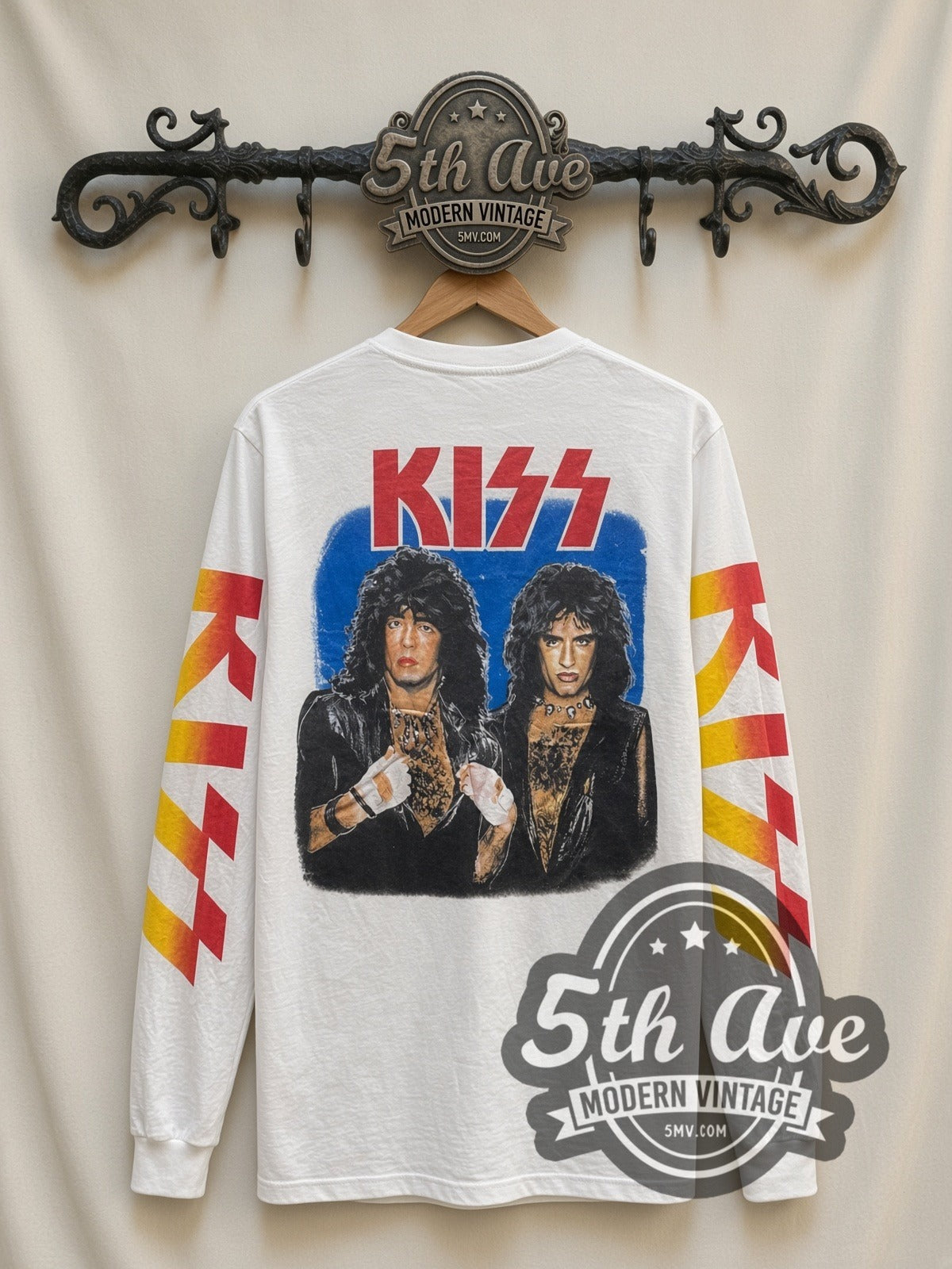 KISS Band Portrait vintage band long sleeve t-shirt, back view on a display rack