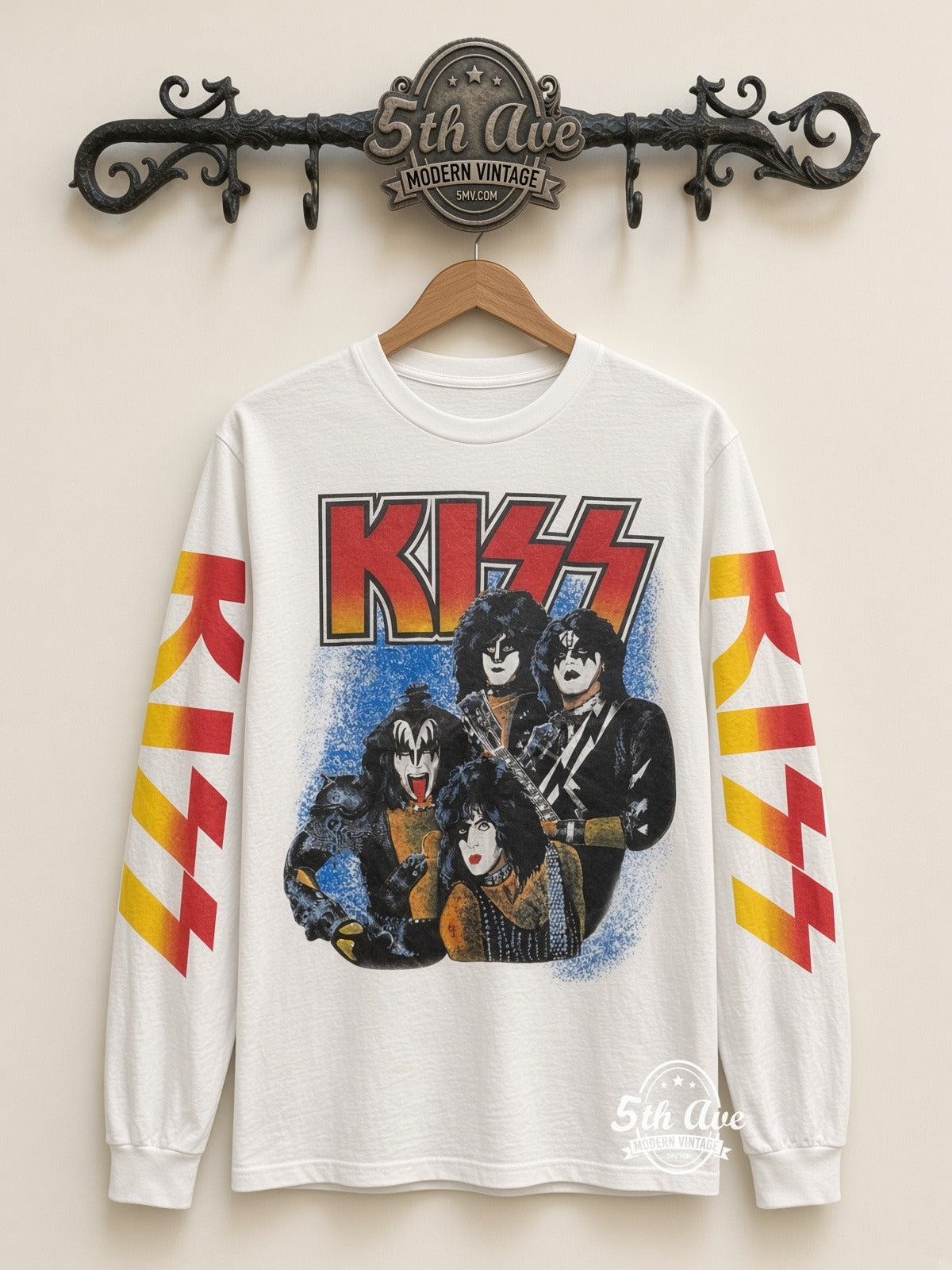 ETS LS 86 KISS Band Portrait long sleeve vintage tee on rack, front