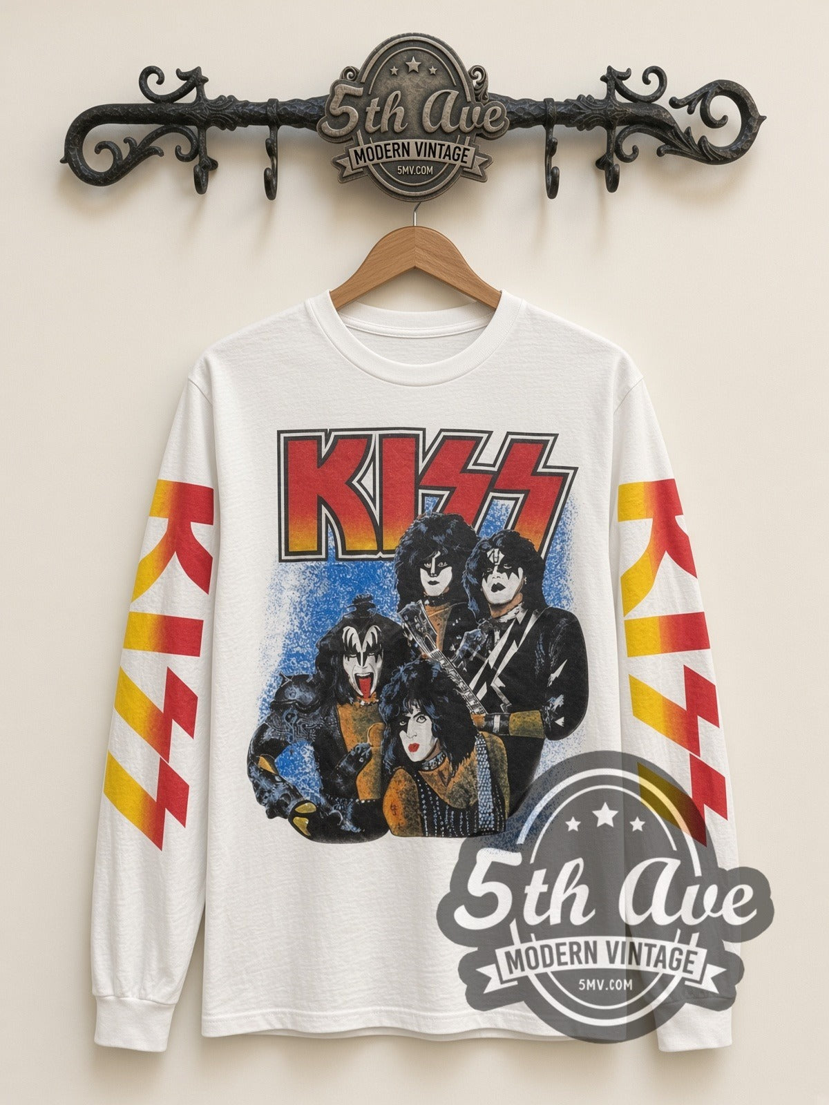 KISS Band Portrait vintage band long sleeve t-shirt, front view on a display rack