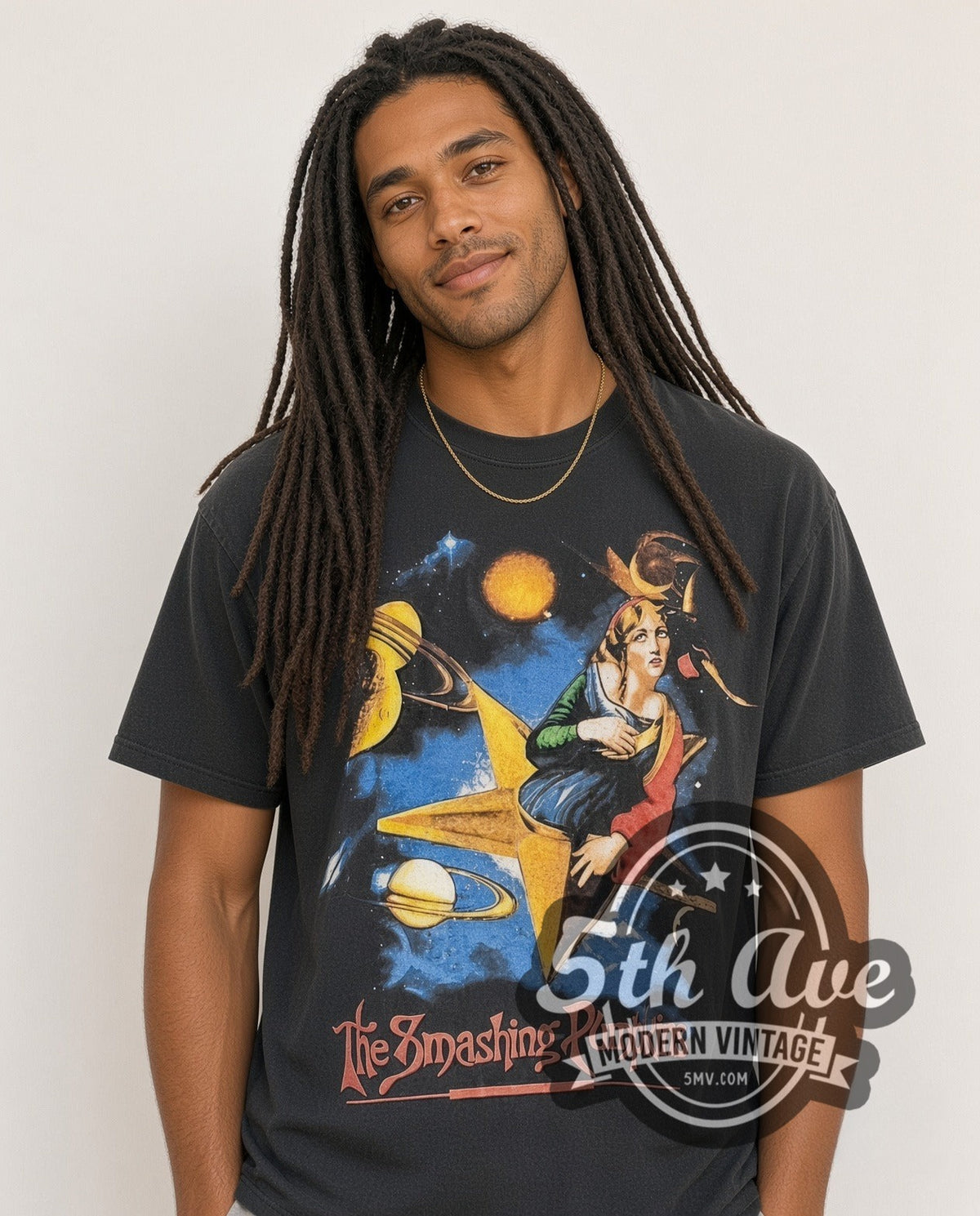 Model wearing The Smashing Pumpkins Mellon Collie Zero Star Back vintage band t-shirt in black