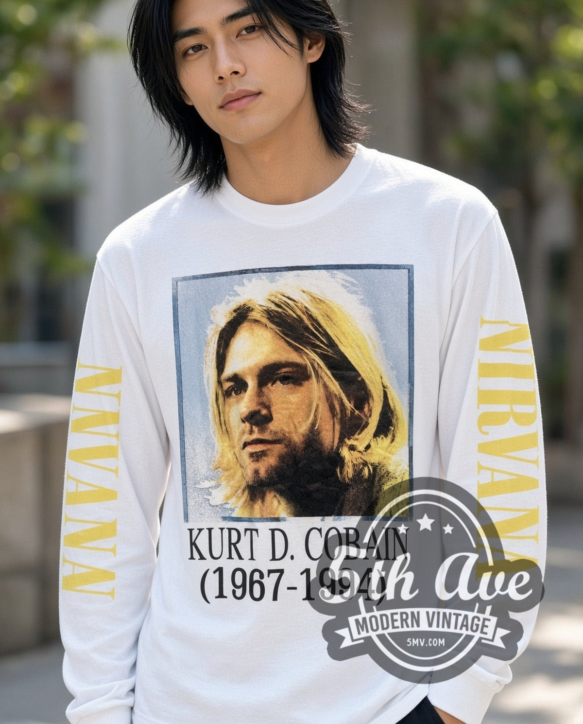 Model wearing the Nirvana Kurt Cobain Portrait vintage band long sleeve t-shirt
