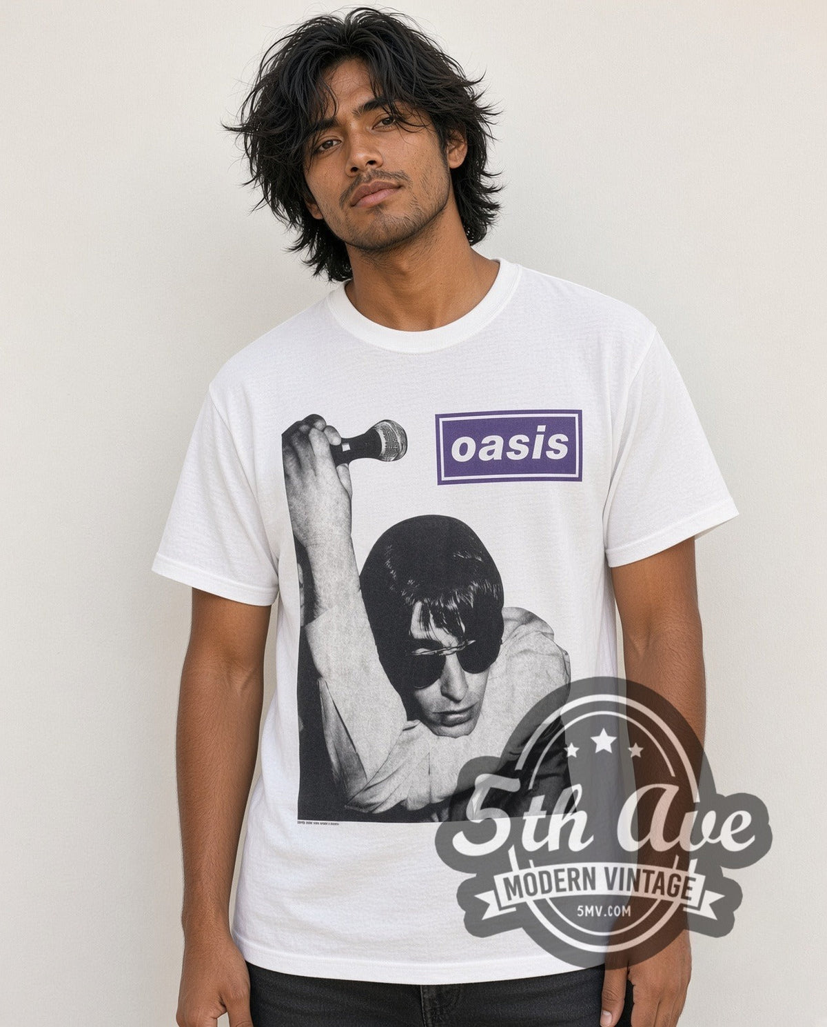 Model wearing the Oasis Liam Mic vintage band t-shirt in white