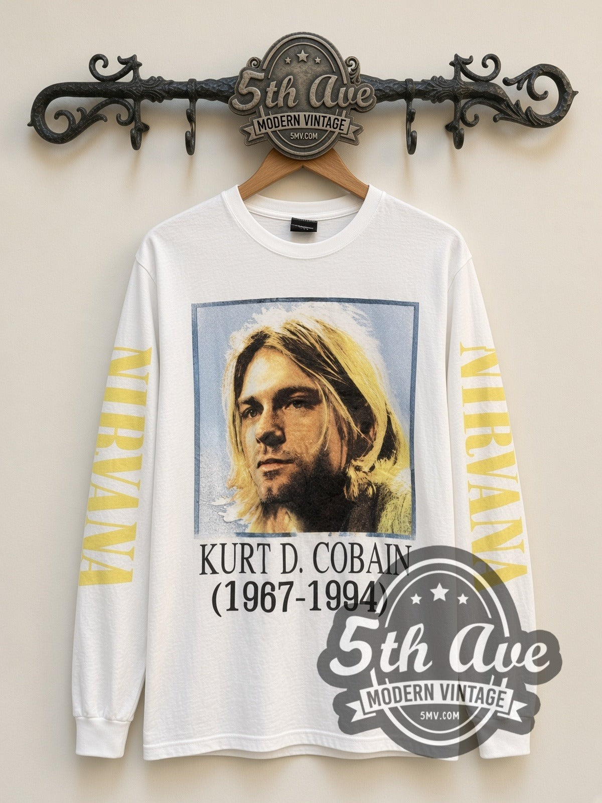 Nirvana Kurt Cobain Portrait vintage band long sleeve t-shirt, front view on a display rack