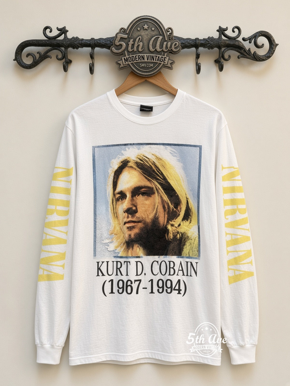 ETS LS 87 Nirvana Kurt Cobain Portrait long sleeve vintage tee on rack, front