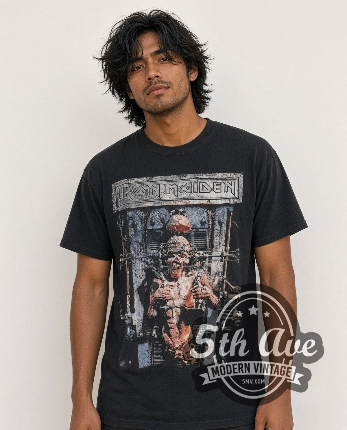 Model wearing the Iron Maiden The X Factor Tour 1995 vintage band t-shirt in black