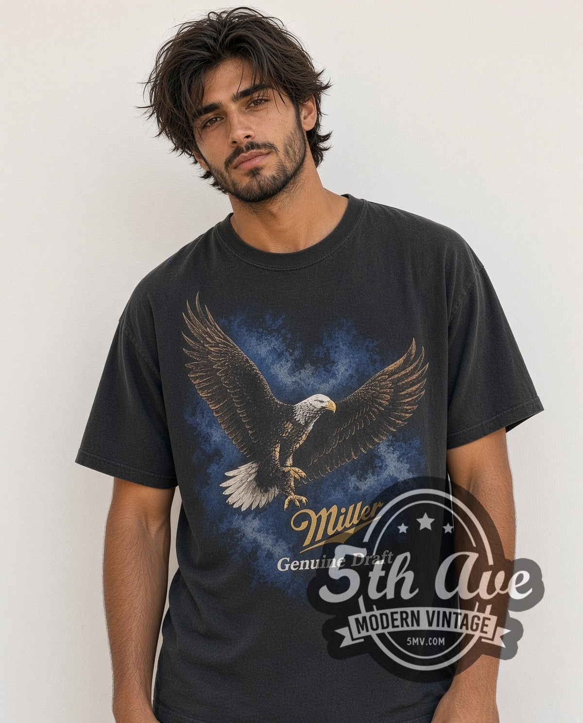 Model wearing the Miller Genuine Draft vintage graphic tee in black