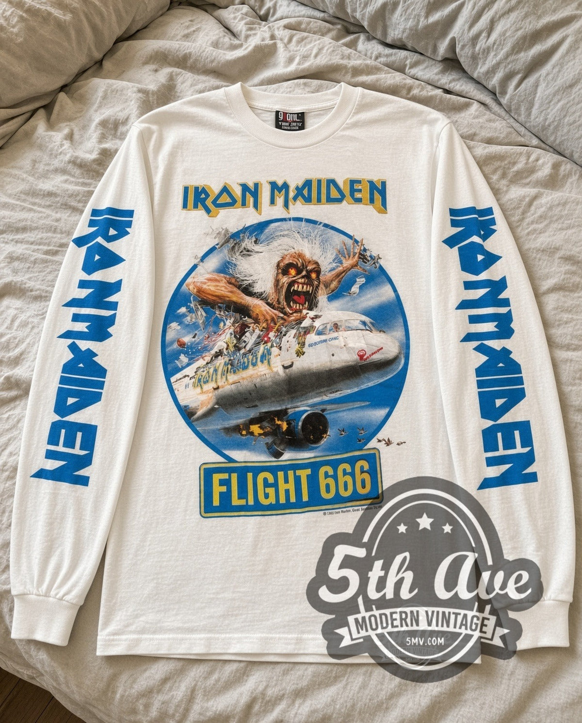 Iron Maiden Flight 666 vintage band long sleeve tee in white laid flat