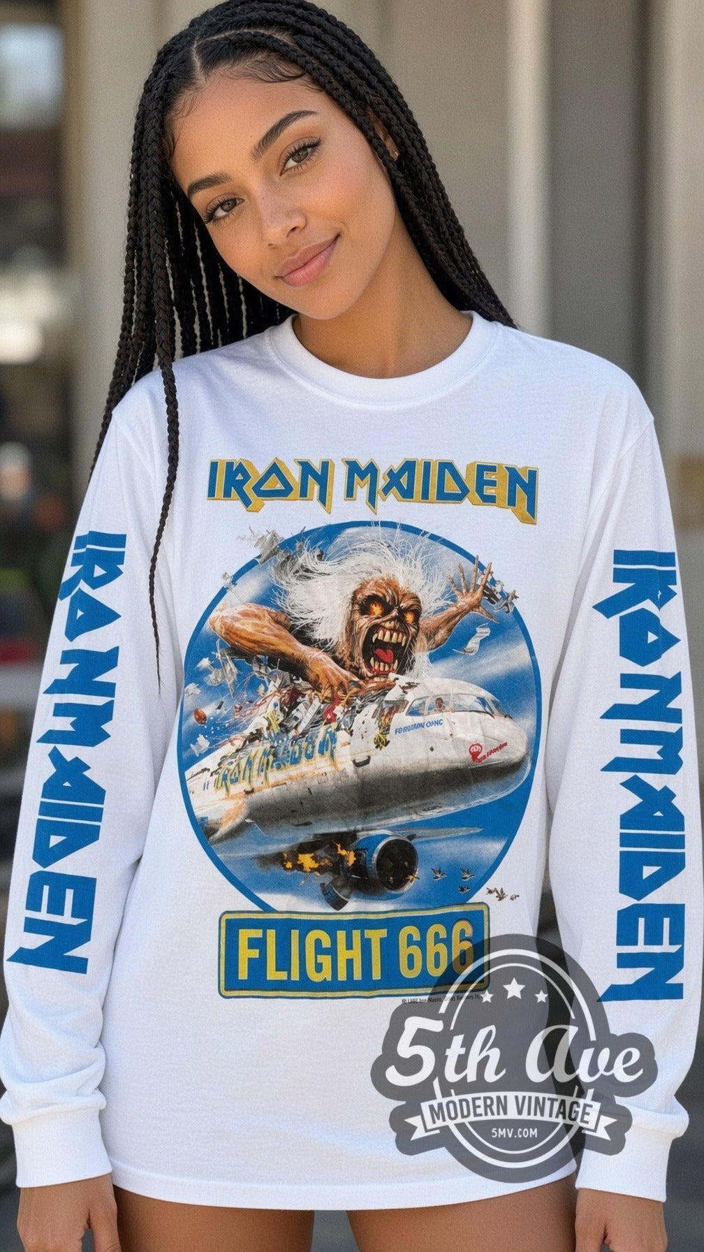 Model wearing the Iron Maiden Flight 666 vintage band long sleeve t-shirt in white