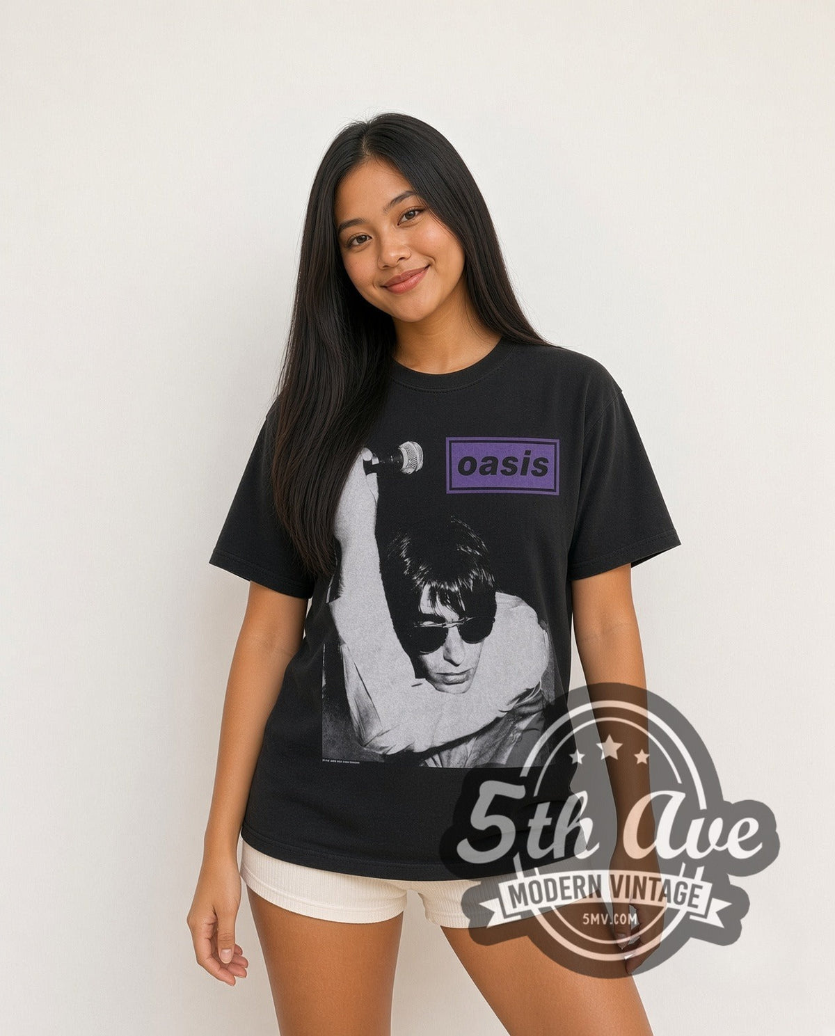 Model wearing the Oasis Liam Mic vintage band t-shirt in black